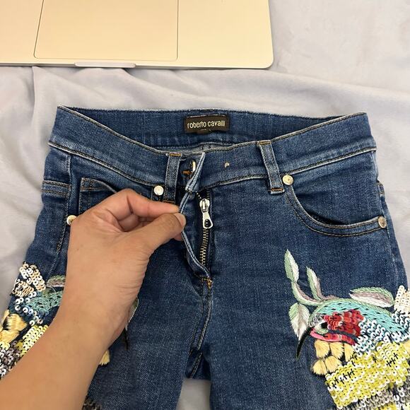 Kids Roberto Cavalli Embroidered Sequin Birds‎ Denim Jeans Size 6 122 - Picture 14 of 16